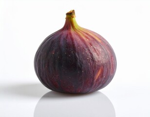 A single ripe fig with a rich purple hue and smooth, speckled skin, isolated on a clean white background