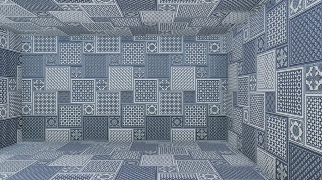 Interior space featuring mixed blue and white tiles in patchwork layout
