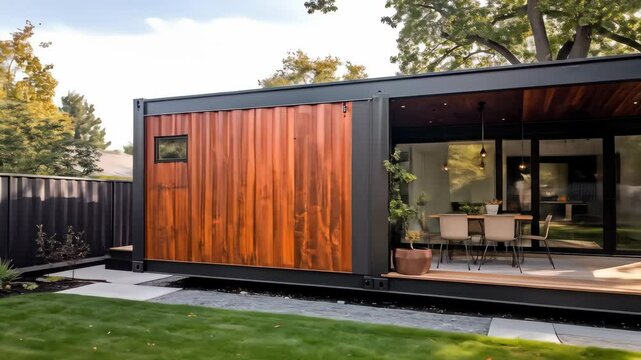 Modern Container Home with Wood Paneling and Outdoor Dining Area in a Green Garden