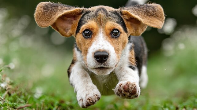 With ears flapping in the breeze, a beagle puppy joyfully bounds across lush green grass in a vibrant park during a warm afternoon. Its playful spirit shines as it explores. - Powered by Adobe