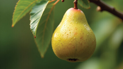 Ripe pears on a branch, glistening with dew drops in soft sunlight. Freshly harvested or still on the tree, a healthy and delicious treat.