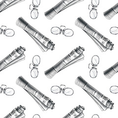 Seamless pattern made from newspaper rolls and optical glasses. Hand-drawn watercolor illustration. Perfect for textiles, wrapping paper and packaging, printing house decor and more.