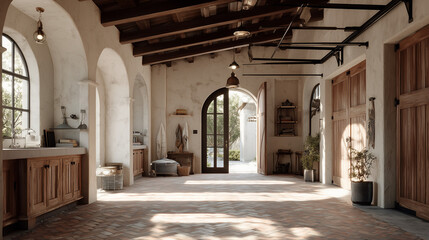 Obraz premium Mediterranean-style home garage interior with warm textures, elegant design, natural lighting, cozy atmosphere, and stylish decor, showcasing functional and aesthetic space.
