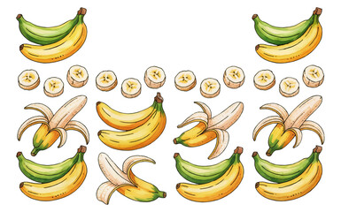 Hand-Drawn Banana Variety with Slices and Peels
