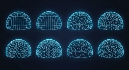 Collection of glowing blue wireframe geodesic domes and grid spheres on a dark background