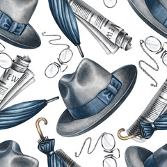 Seamless pattern of men's hats, newspaper rolls, and optical glasses, cane umbrellas. Hand-drawn watercolor illustration. Perfect for textiles, wrapping paper, and packaging, as well as holiday decor.