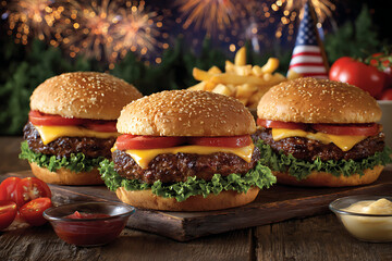 Patriotic Burger Feast: Delicious burgers and golden fries are presented in a festive display of American pride, alongside fireworks display and national symbols to evoke patriotism