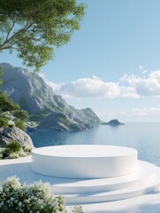 White pedestal overlooking a serene coastal landscape