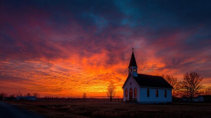 Fototapeta premium A small white church stands silhouetted against a vibrant sunset sky filled with reds, oranges, and purples. The peaceful rural landscape enhances the serene atmosphere at dusk.