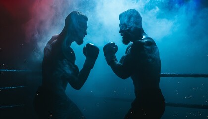 Two male fighters are boxing in the ring. Silhouette of boxers in the light of spotlights.