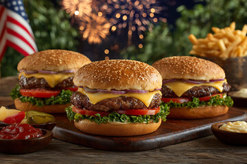All-American Feast: A mouthwatering spread of classic burgers, crispy fries, and festive condiments, celebrating a patriotic holiday, against the backdrop of an impressive firework display. 