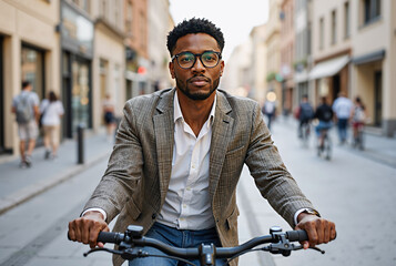 Obraz premium Young confident man in a blazer riding a bicycle through an urban street, embodying a modern lifestyle and sustainable transportation concept