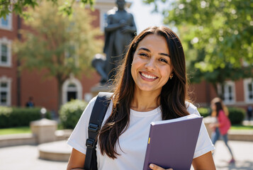 smiling young woman student holding notebook outdoors in university campus setting on a sunny day