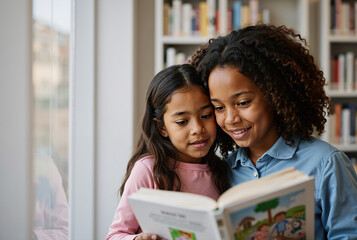 Obraz premium Joyful young sisters reading a storybook together in a library, bonding over shared tales and fostering love for reading, surrounded by shelves of colorful books