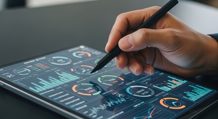 Close up of a hand holding a stylus and interacting with a tablet displaying various financial data and charts