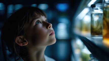 Naklejka premium Young student marvels at futuristic lab exhibits during an educational school tour exploring science and innovation