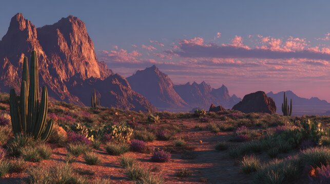 Wild West Texas desert landscape with sunset with mountains and cacti.