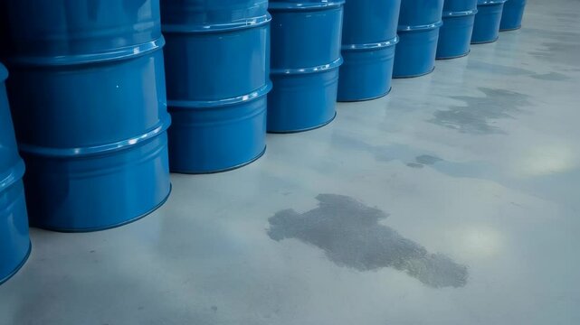 A long row of shiny blue industrial metal barrels arranged neatly in a warehouse or storage facility, reflecting light and symbolizing mass production, storage, logistics, and industrial organization