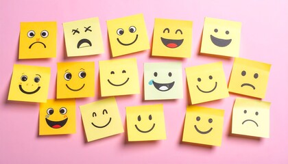 Assorted sticky notes with various smiley faces on a pink background