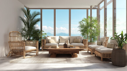 Modern tropical living room interior with natural light, wooden furniture, lush greenery, and cozy stylish ambiance perfect for home inspiration and design ideas.