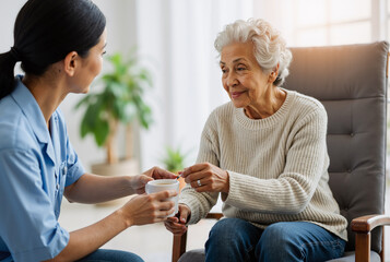 Young female caregiver supporting elderly woman with gray hair by offering a cup of tea in a bright cozy living room, fostering comfort and companionship