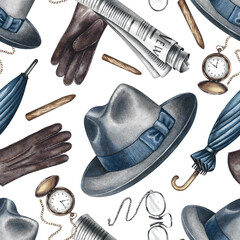 Seamless pattern on a men's theme from men's accessories, hats, gloves, umbrellas, canes, and so on. Hand-drawn watercolor illustration. Great for textiles, wrapping paper and packaging, holiday decor