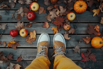 Autumnal view from above. Fall leaves, apples, pumpkins, and sneakers on a weathered wooden deck