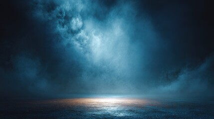 Obraz premium Dark blue smoky background with bright light on the ground, suitable for design and digital art.