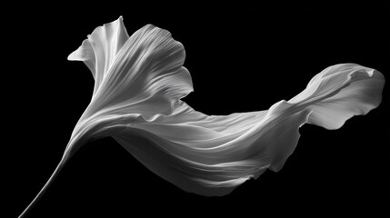 Abstract black and white image of a flowing, fabric-like white petal or leaf against a dark background.