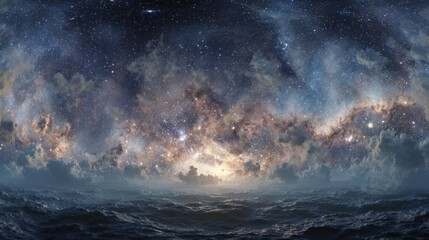 An equirectangular projection of a 360-degree space nebula panorama, used as an environment map. This HDRI spherical panorama showcases a space background filled with nebulae and stars
