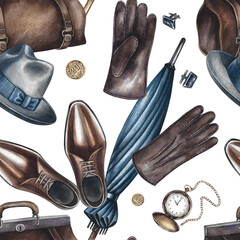 Seamless pattern on a men's theme from men's accessories, hats, boots, gloves, umbrellas, canes, and so on. Hand-drawn watercolor illustration. For textiles, wrapping paper, packaging, holiday decor.