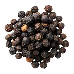 Obraz premium Close up macro shot of a pile of whole black peppercorns isolated on transparent background