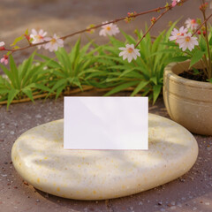 white business card on top of a stone in a flower garden