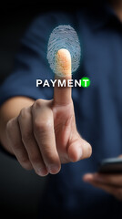 A secure biometric payment authorization concept illustrated by a fingertip scanning a digital fingerprint icon confirming transaction approval
