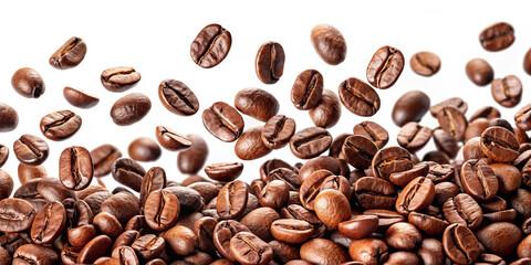 Obraz premium Freshly roasted coffee beans float in the air, highlighting their glossy surfaces and deep brown hues. This visual captures the essence of coffee production and its artistry