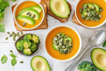 Creamy pumpkin soup bowls topped with avocado slices and pumpkin seeds