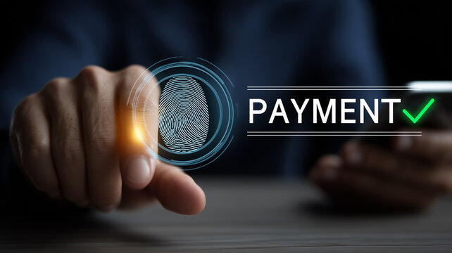 A secure biometric payment authorization concept illustrated by a fingertip scanning a digital fingerprint icon confirming transaction approval
