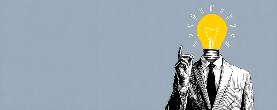 Innovative business concept illustrated with a light bulb head and pointing gesture