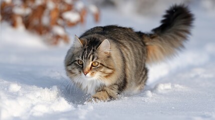 Fototapeta premium A tabby cat in a snowy landscape
