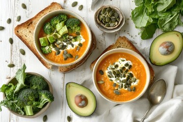 Healthy autumn soup with toppings