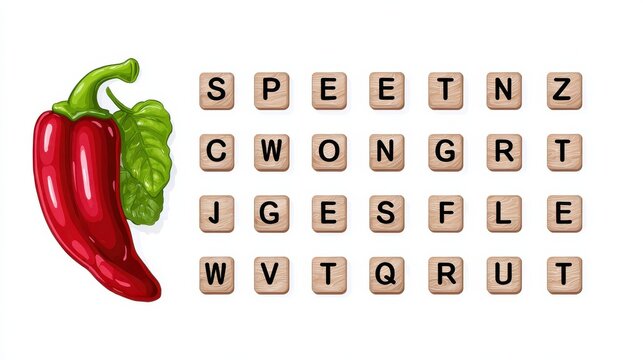 Spelling word scramble game with word capsicum illustration, no logos, no brands
