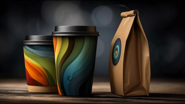 Brown Kraft Paper To-Go Food Packaging Mockup Set in the psychedelic style on a studio black Background