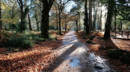 Obraz premium Woodland Walk Through Autumn Leaves in the New Forest