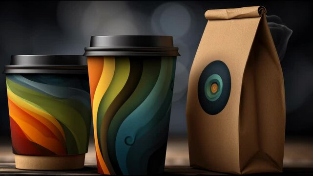 Brown Kraft Paper To-Go Food Packaging Mockup Set in the psychedelic style on a studio black Background