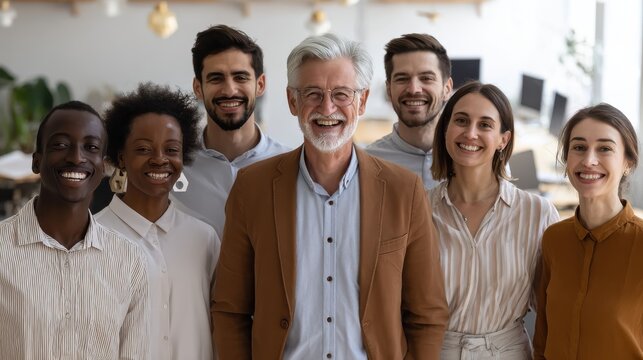 Happy diverse business people team standing together in office, group portrait. Smiling multiethnic international young professional employees company staff with older executive leader look at camera - Powered by Adobe
