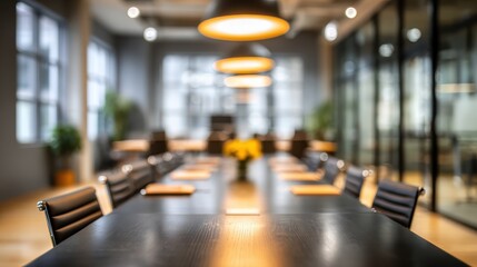 Office blur meeting room blurred background of blurry boardroom presentation with work desk for business discussion, corporate conference, enterprise seminar.Suitable for corporate and business theme