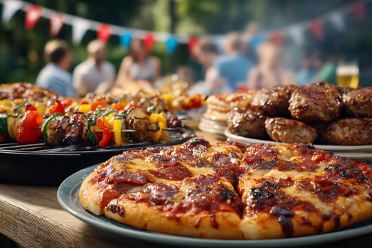 Grilling feast in gathering: A delectable array of grilled food awaits, from vibrant kebabs to juicy burgers, alongside pizza, creating a perfect setting for a joyful gathering and celebration. - Powered by Adobe