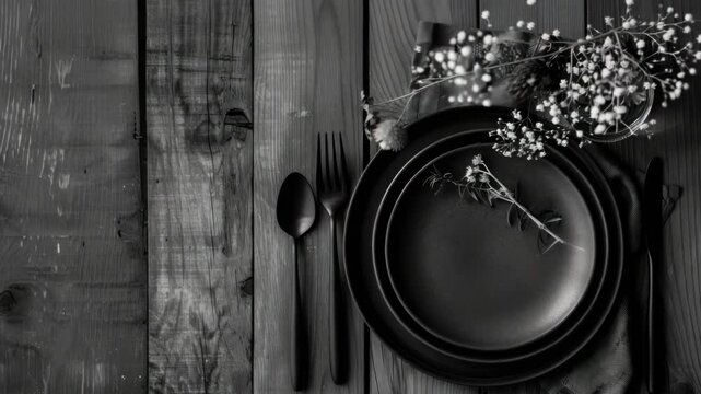 Black tableware set on wooden table
