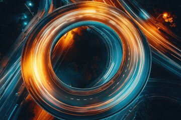 Aerial view of a highway interchange at night, showing a complex network of roads and glowing light trails forming circular patterns