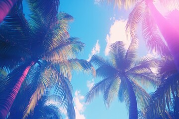 Tropical Palm Trees, Vivid Colors, Sunny Sky